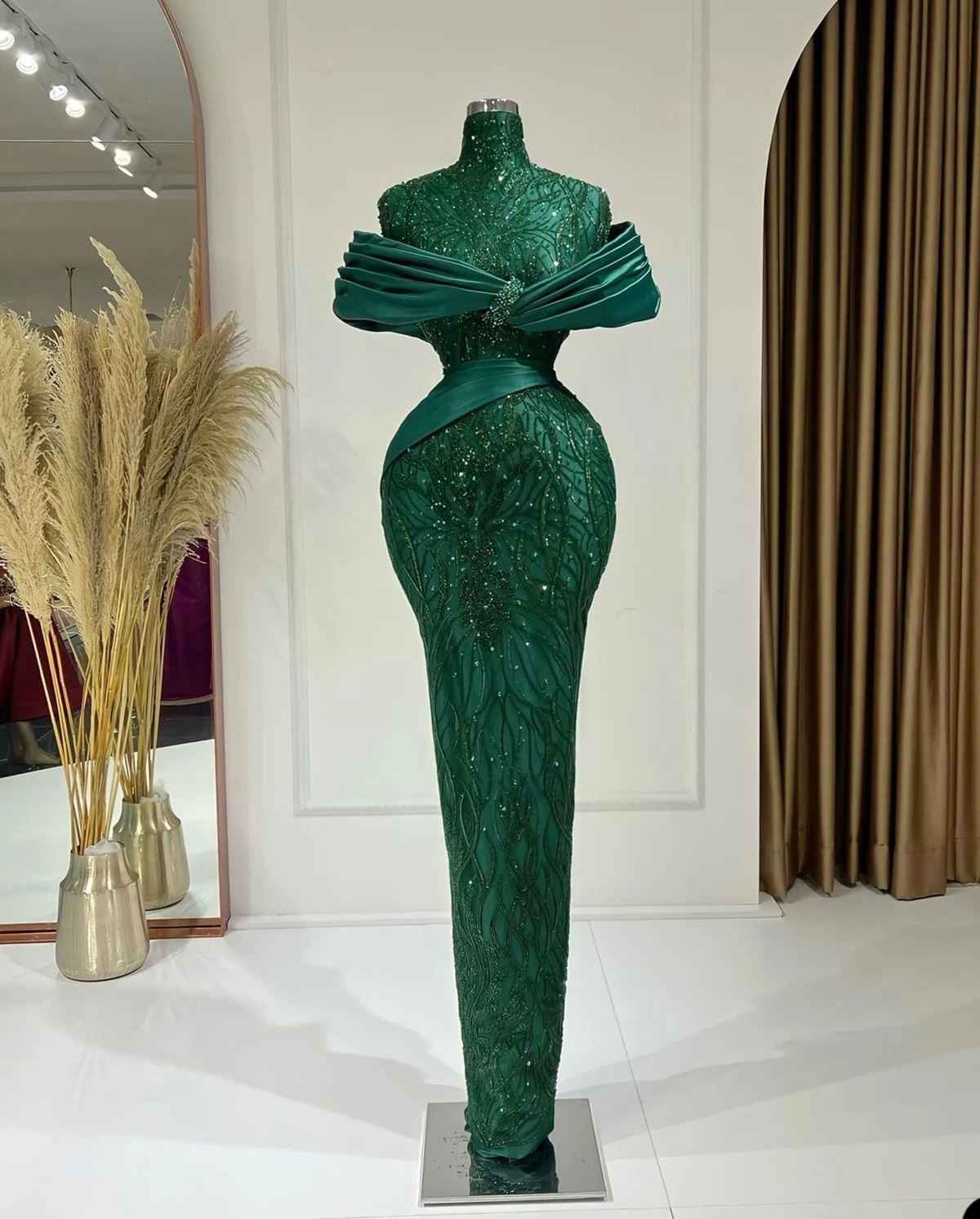 Sparkly Sequined Mermaid ชุดราตรีฉัตรจีบคอสูงชุดราตรีประดับด้วยลูกปัด Custom Made Robe De Soiree