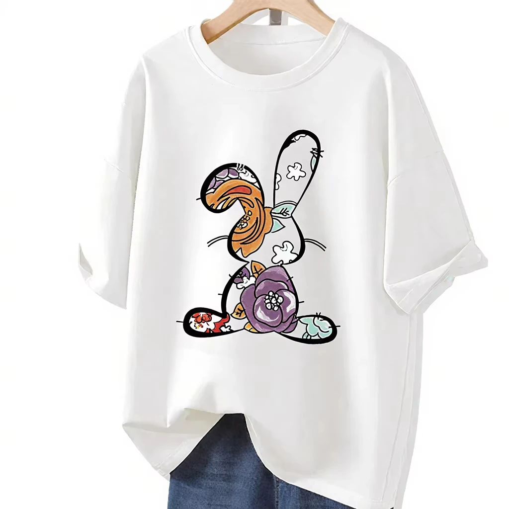 

2025 Summer Men's Personalized Rabbit 2d Printed Short Sleeve Cotton T-Shirt Retro Casual Korean Attitude Daily Neutral Clothing
