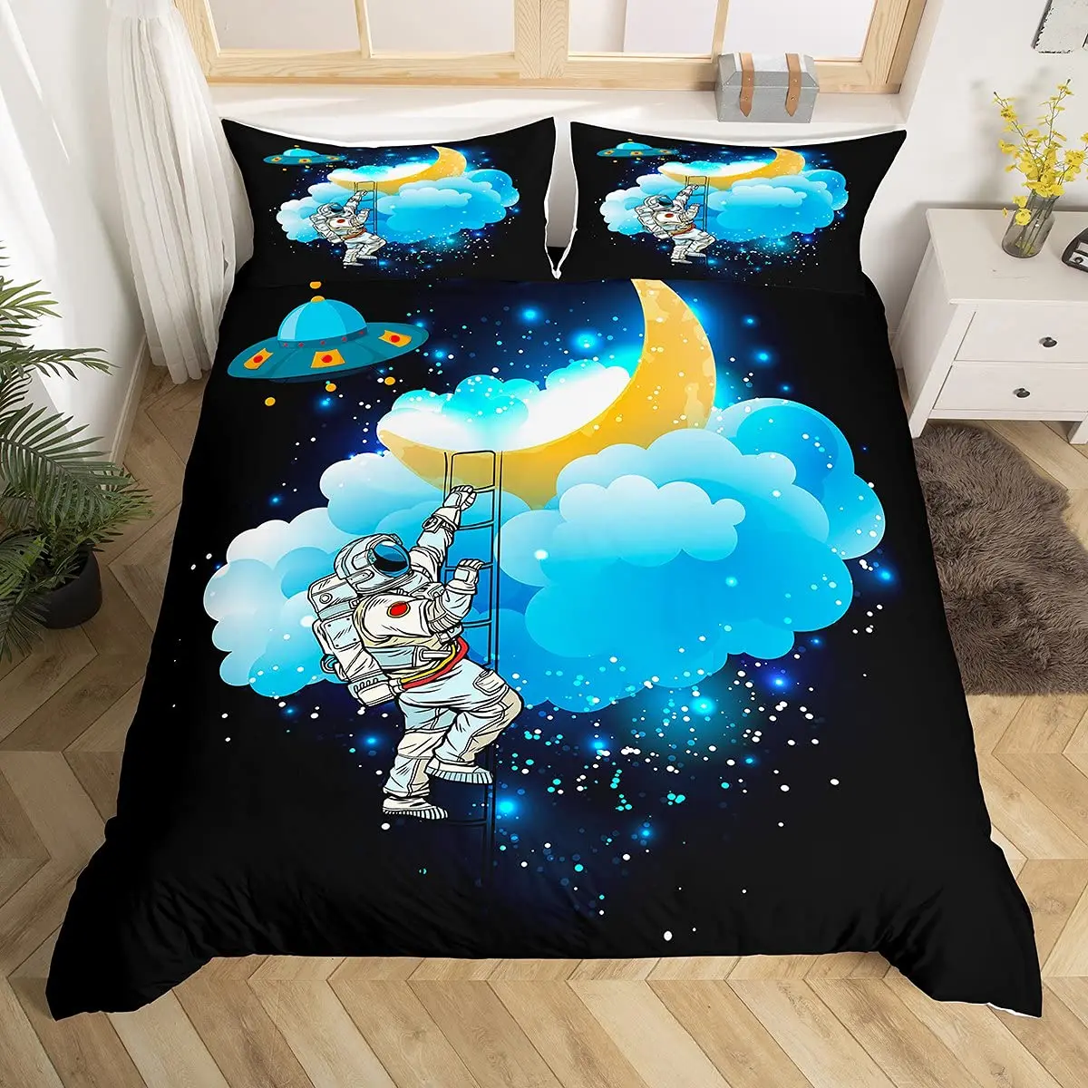 

Cartoon Astronaut Duvet Cover Set Moon Clouds Starry Sky Quilt Cover Microfiber Galaxy Bedding Set Twin King For Boys Girls Gift