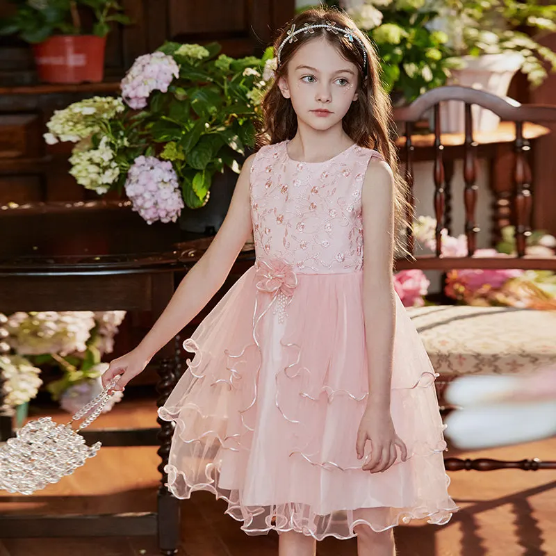 2024 New Summer Girls Costume for Baby Sweet Wedding Party Dresses with Waist Fashion Textural Florals 3 Color Children Clothes