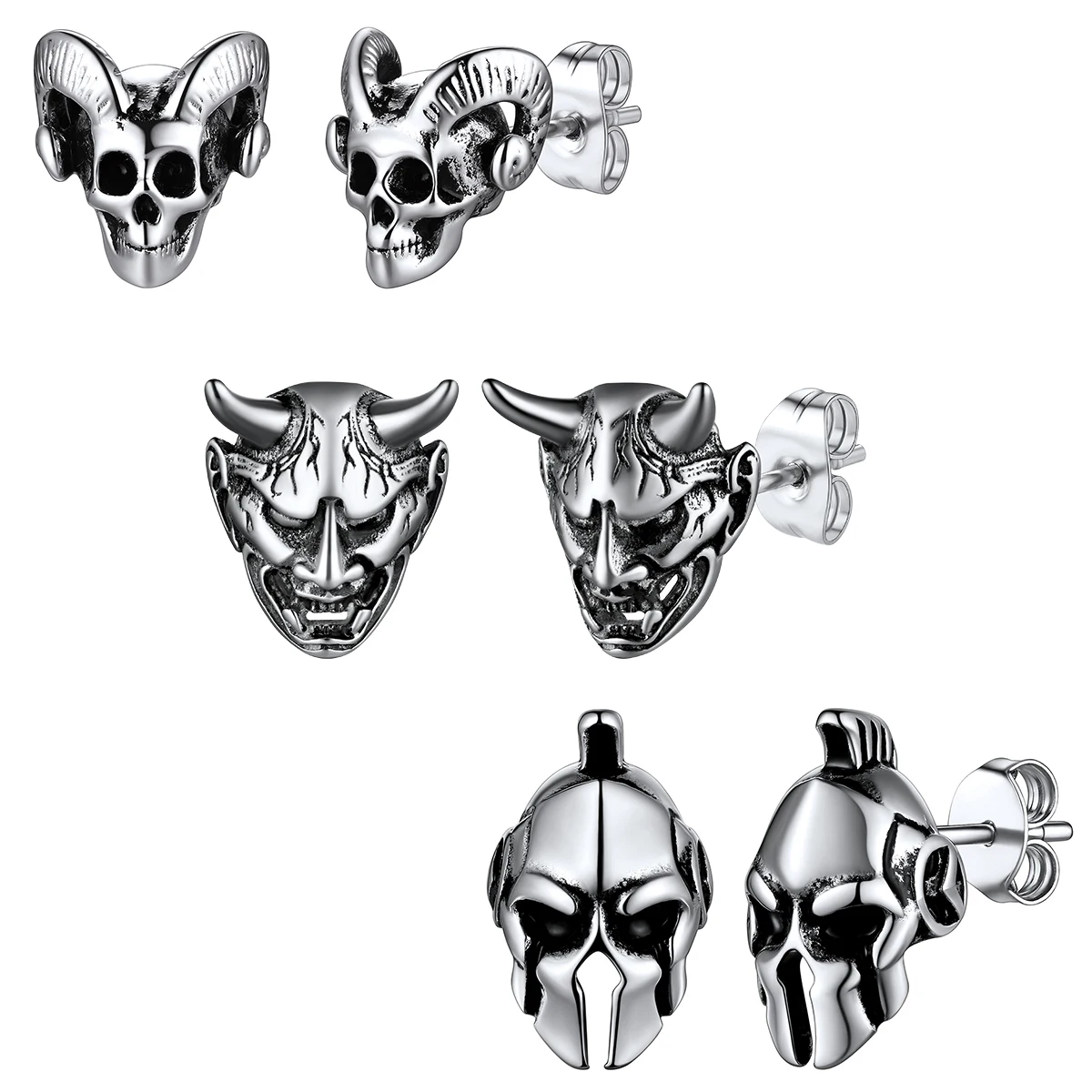 U7 Unisex Stainless Steel Stud Earring Japanese Oni Devil Horn Hannya Mask Earrings Amulet Goal Skull Punk Gothic Jewel Gift