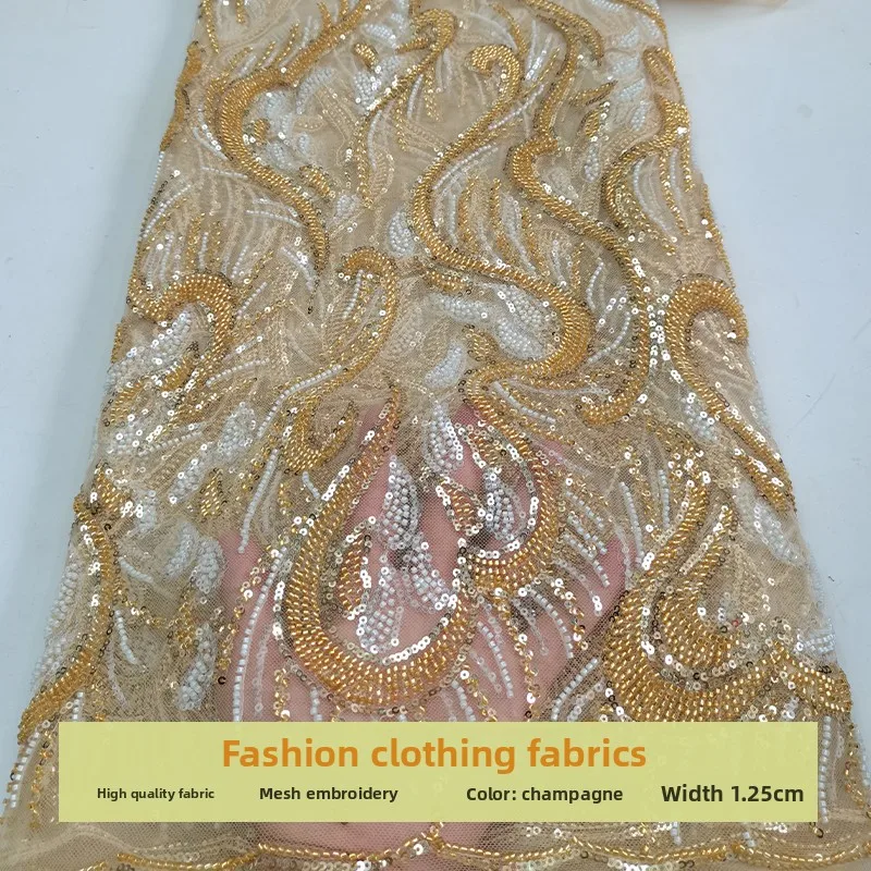 

Mesh Beaded Tube Sequins Embroidery Fabric for Wedding Dress Cheongsam Clothing Cloth Diy By The Yard Sewing Material