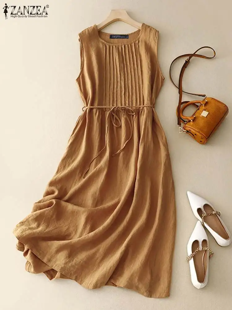 ZANZEA Women Round Neck A-lin Midi Dress Korean Casual Tank Robe Casual Solid Pleated Vestidos 2024 Summer Sleeveless Sundress