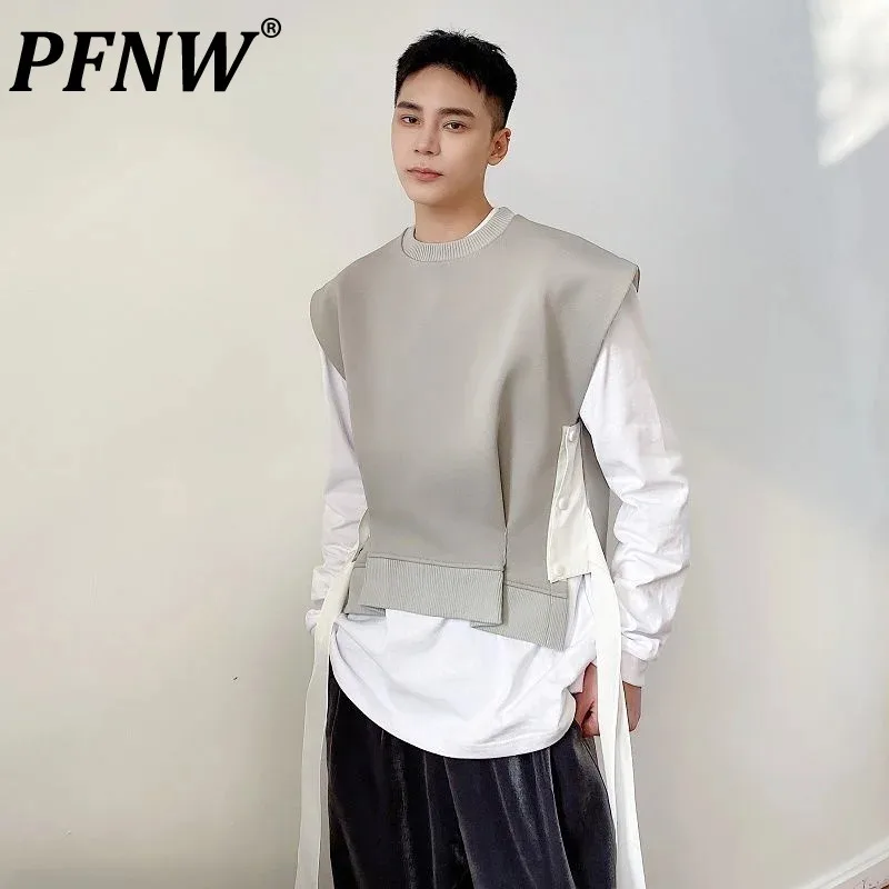 

PFNW Korean Tide Personalized Ribbon Round Neck Men's Vest Trend Autumn Fashionable Pullover Niche Design Grey Waistcoat 9A0671