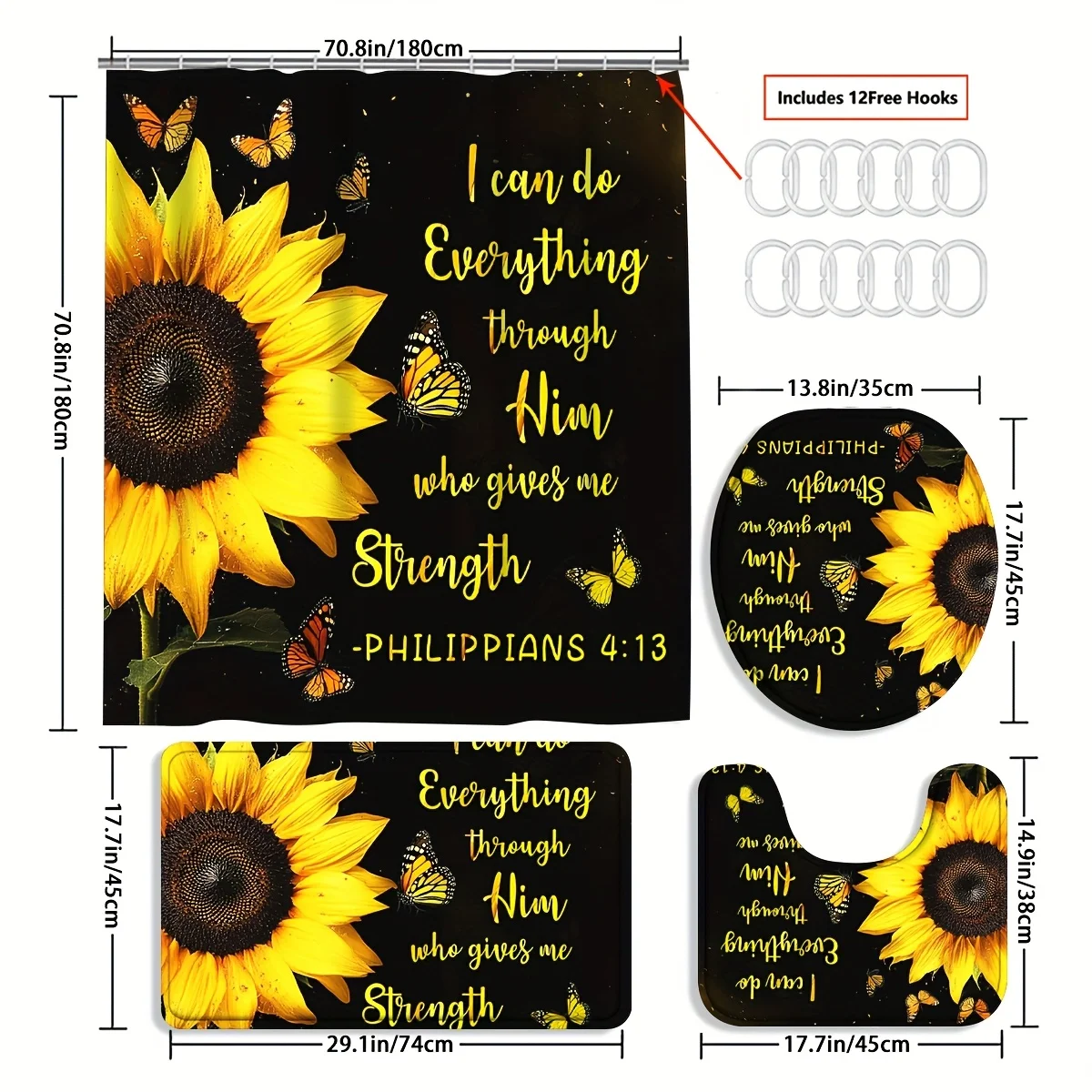 

Набор занавесок для душа с вдохновляющими цитатами подсолнечника, нескользящими ковриками и крышкой для унитаза, водонепроницаемый современный декор, который можно стирать в машине