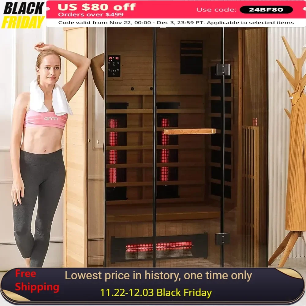 1-2 Person Home Sauna with 10 Minutes Warm-up Heater Tubes&Panels, Personal Sauna Spa Room, Canadian Hemlock