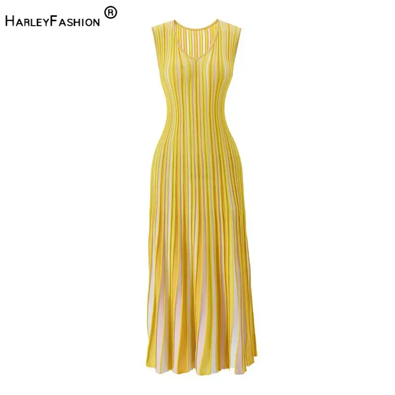2026 Lady Vintage Stripes Casual Wear V-neck Sleeveless Summer Elegant Style Fitted A-line Ribbed Knits Midi Dress