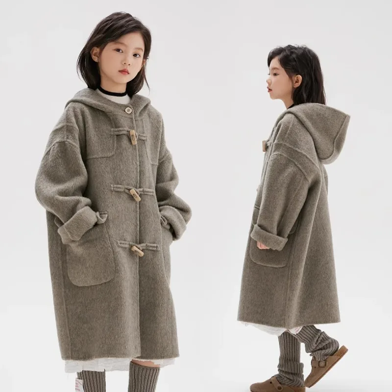 

Girl Double Woolen Jacket Windbreak Parka 2025 Sweet Warm Plus Thicken Autumn Winter Coat Overcoat Children's Outerwear Clothing