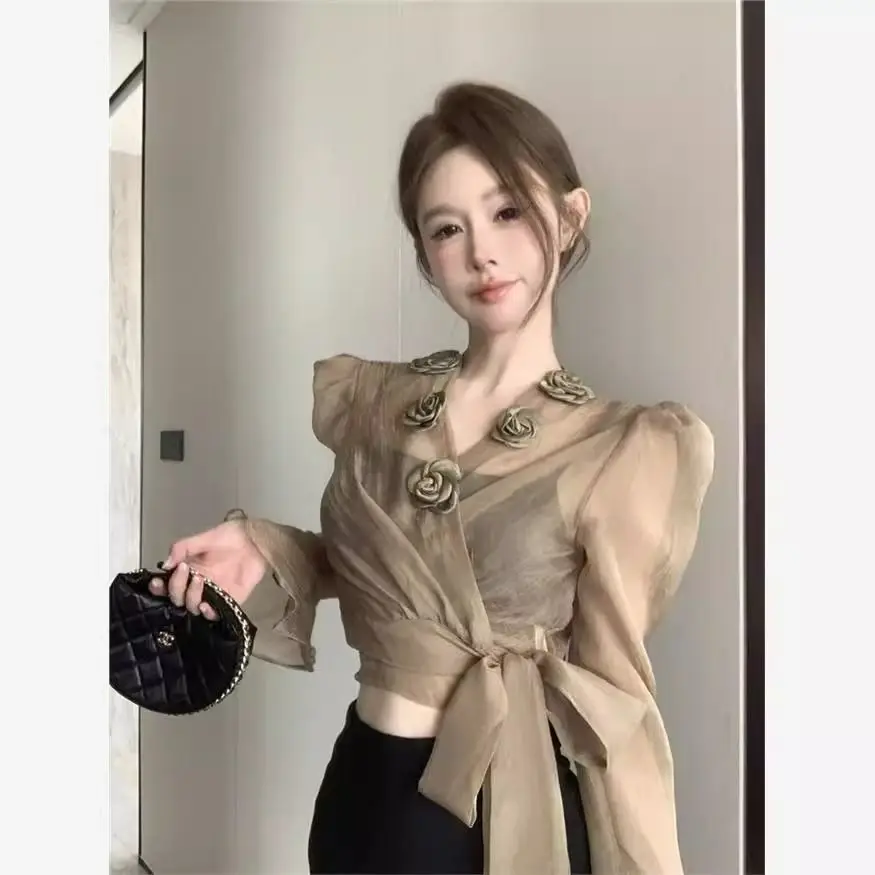

French Style Women's Long Sleeve Sun Protection Shirt Waist Cinched Belt Design Summer Elegant Top Polyester Fiber V-Neck Sho...