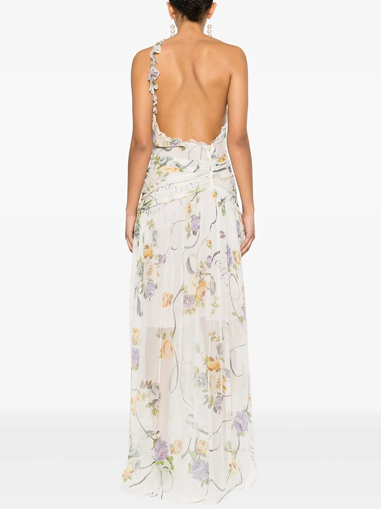 Abito lungo monospalla con stampa floreale bohémien, da donna, senza maniche, senza schienale, per festival musicali, abbigliamento estivo per scariole