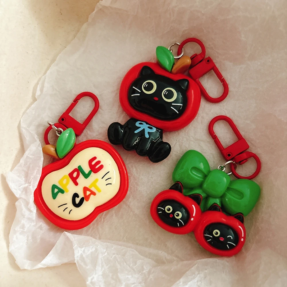 Cute Apple Black Cat Keychain Cartoon Resin Bag Charm Mini Key Ring Aesthetic Backpack Pendant Holiday Gift For Girls Women - view 5