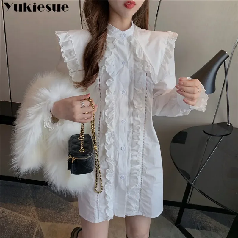 2022 ใหม่สไตล์เกาหลีฤดูใบไม้ผลิฤดูใบไม้ร่วงElegantTemperamentชุดสาวหวานTurn-Down COLLARเสื้อมินิเดรสแขนยาวกลวง