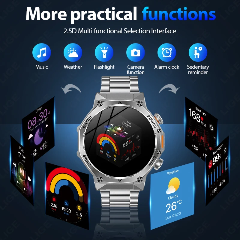 LIGE Steel Smart Watch Men LED Flashlight 800mAh Battery 1.8'' HD Screen Display Heart Rate Bluetooth Call Sport Smartwatch 2025