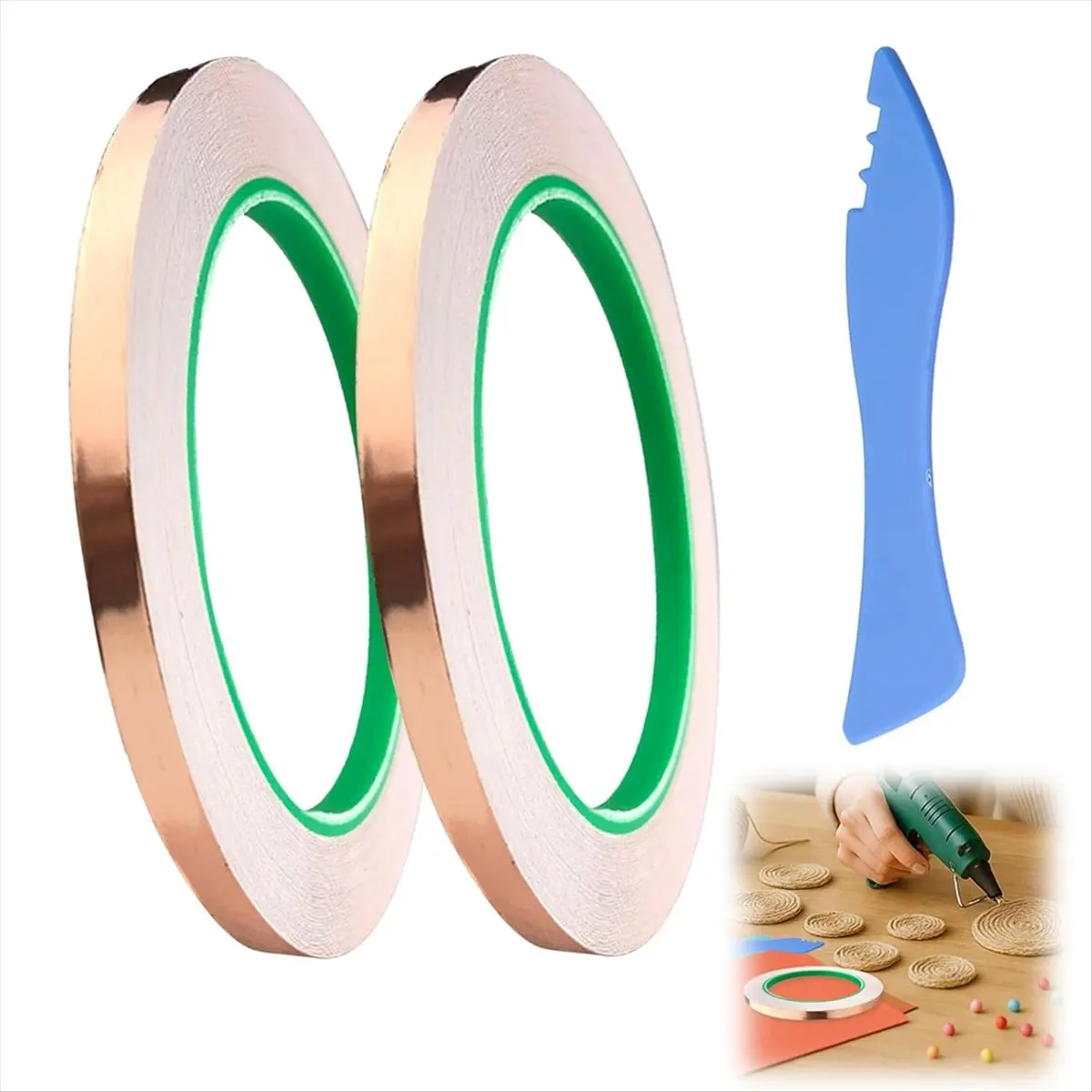 ABNH Copper Foil Tape for Stained Glass -2 Rolls 1/4 Inch X 22 Yards with Foil Tool,Adhesive Copper Tape for Crafts and Glass