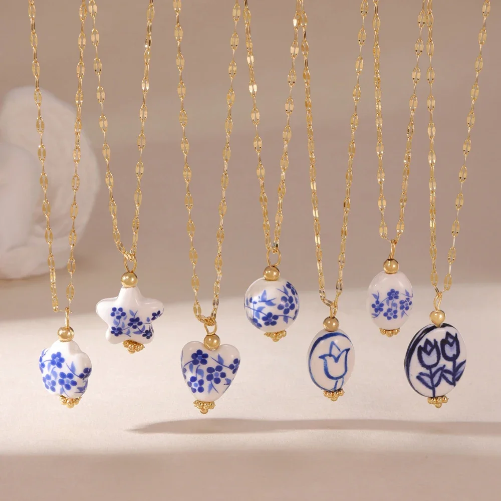 

Vintage Blue Ceramic Pendant Necklace Women Clavicle Accessories Statement Heart Stainless Steel Chain Necklaces Trend Jewelry
