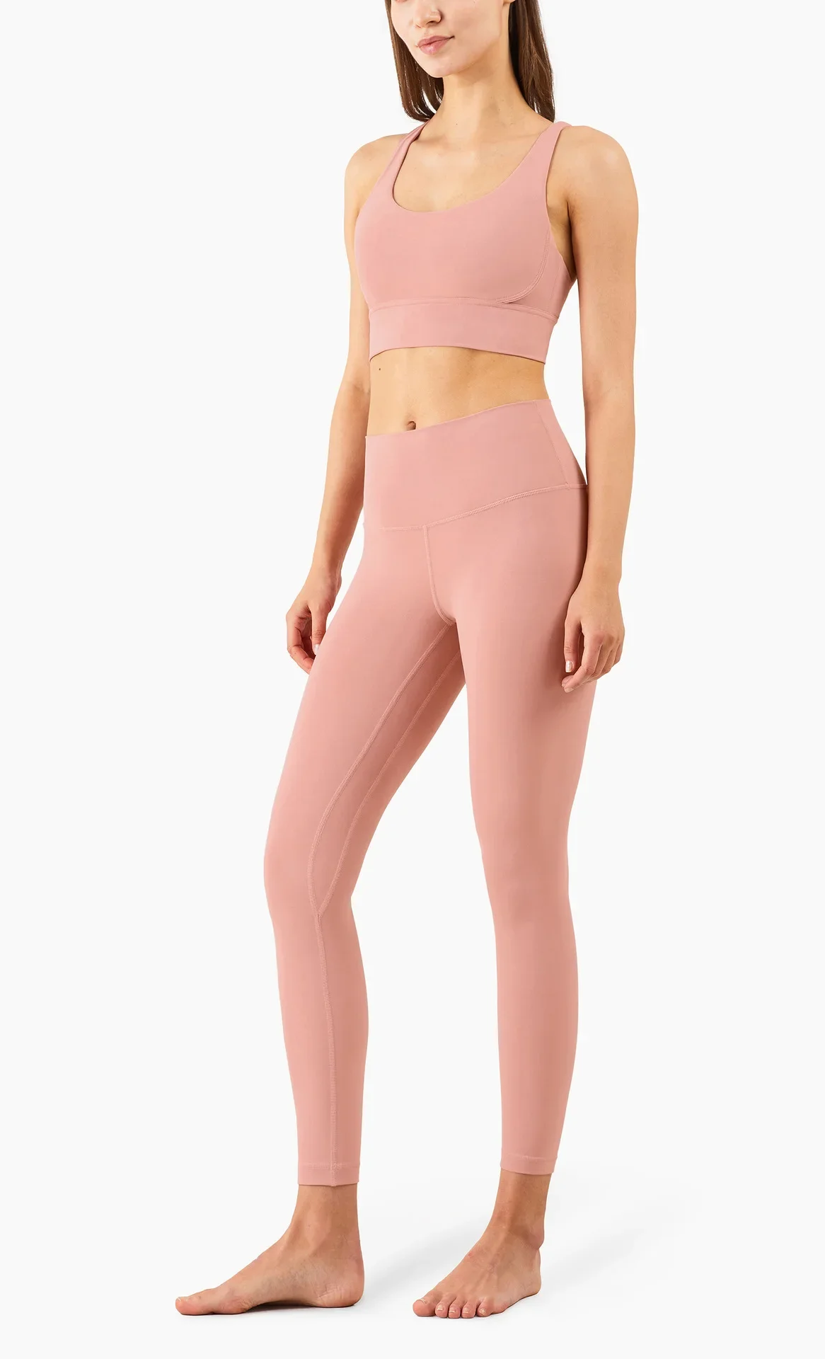 Damen Zweiteiliger Yoga-Anzug in Unifarbe, Hochintensiver Rückenfreier Yoga-BH, Hochgeschnittene Hüftlift-Leggings, Lauf- und Trainingsset – Detail 8