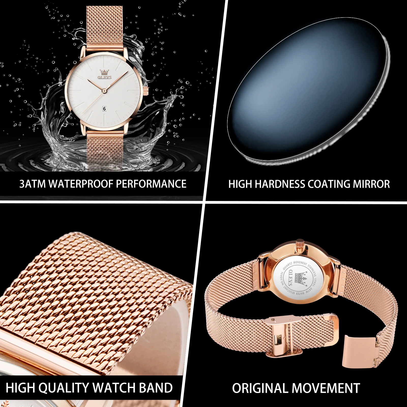 OLEVS 8mm Ultra Thin Watches for Women Rose Gold Stainless Steel Waterproof Ladies Wristwatch Big Face Quartz Watch Reloj Mujer