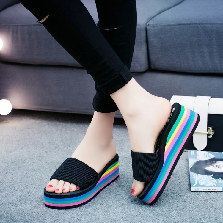 Slippers Women's Summer Thick-soled Foam-soled Shoes Sandals Student Women's Beach Shoes High-heeled Wedge-heeled Middle-heeled