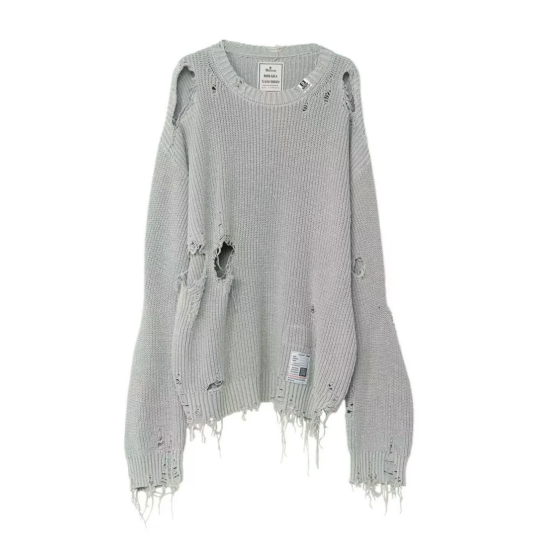 

New Men's and Women's clothes Distressed Design Ribbed Knit Sweater with Irregular Hem and Ripped sweatshirt