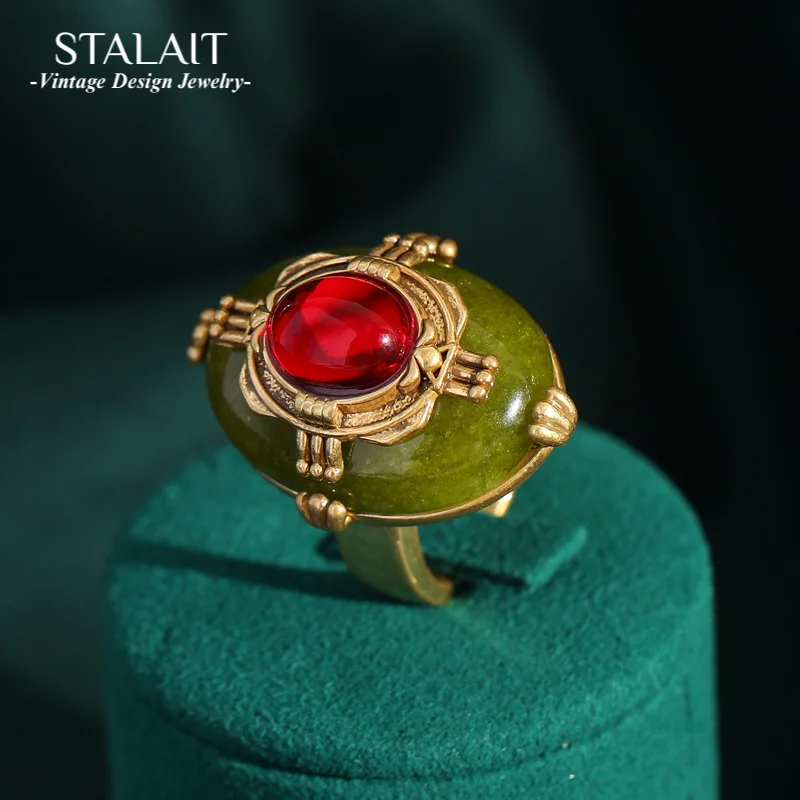 

Vintage Retro Palace Green Enamel Red Glass Rings French Gold Color for Women Fashion Wedding Jewelry Retro Bride Accessories