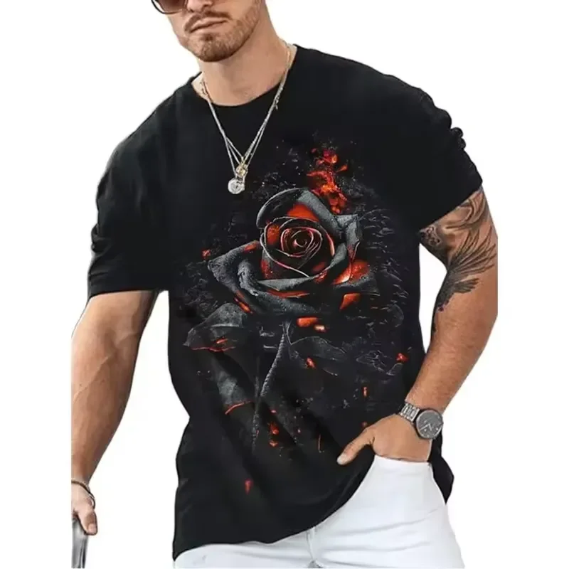 2026 Fashion 3D Rose Print Men T Shirt Summer Short Sleeve O Neck Oversized Tee Tops Streetwear Casual Clothing