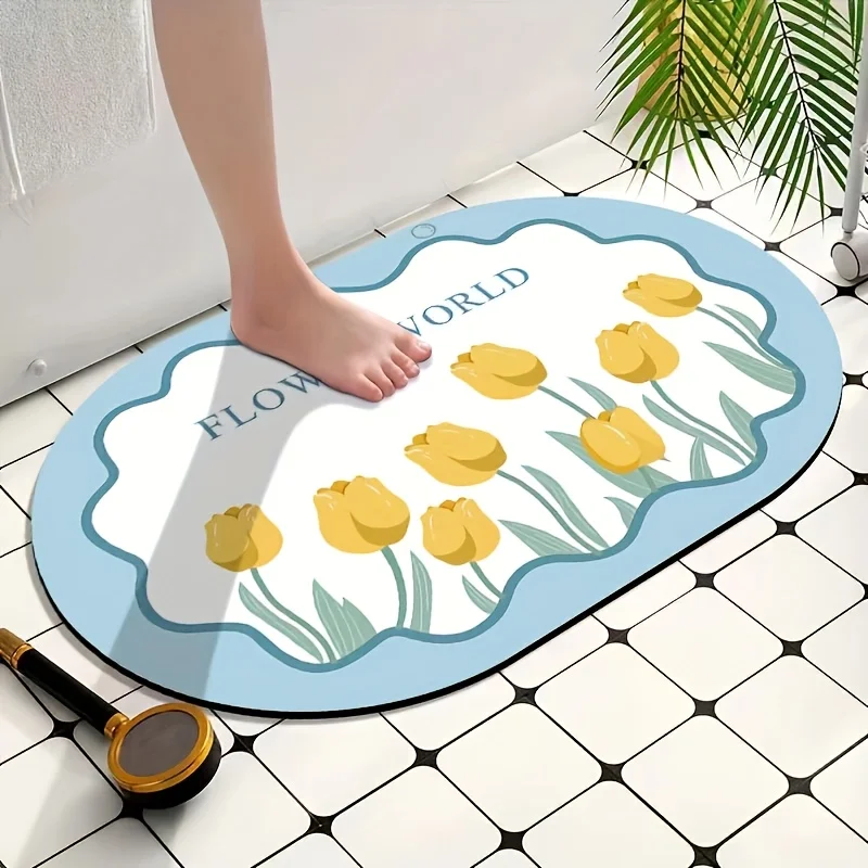 

VIKAMA oval tulip flower bathroom anti slip mat, absorbent and anti slip, machine washable bathroom shower room decorative