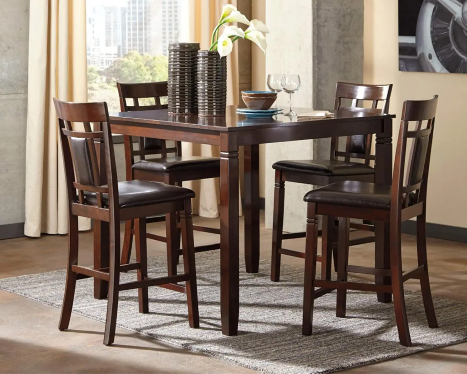 Bennox 5 Piece Counter Height Dining Set, Includes Table & 4 Barstools, Brown