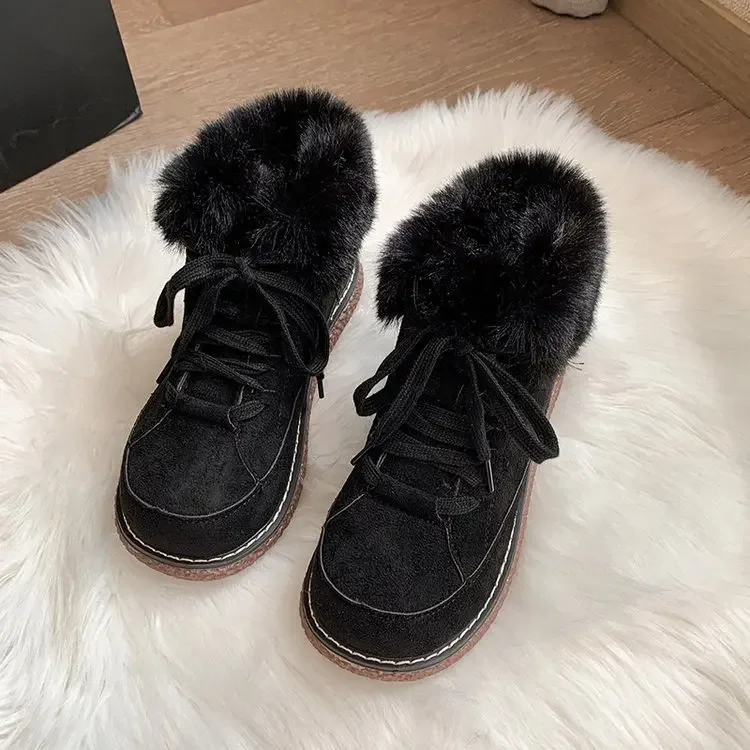 New Fashion Warm Cotton Shoes For Women In Winter With Fleece Thickened Round Tie Snow Anti-Slip Thick Soled Ankle Boots