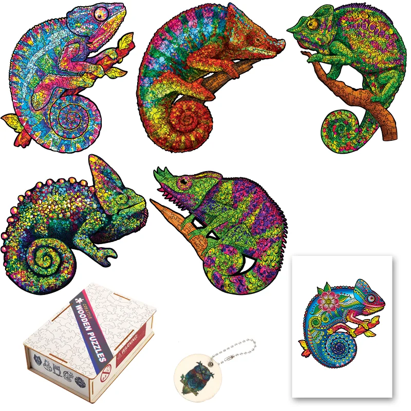 

Wooden colorful chameleon puzzle irregularly shaped puzzle party game decorative item