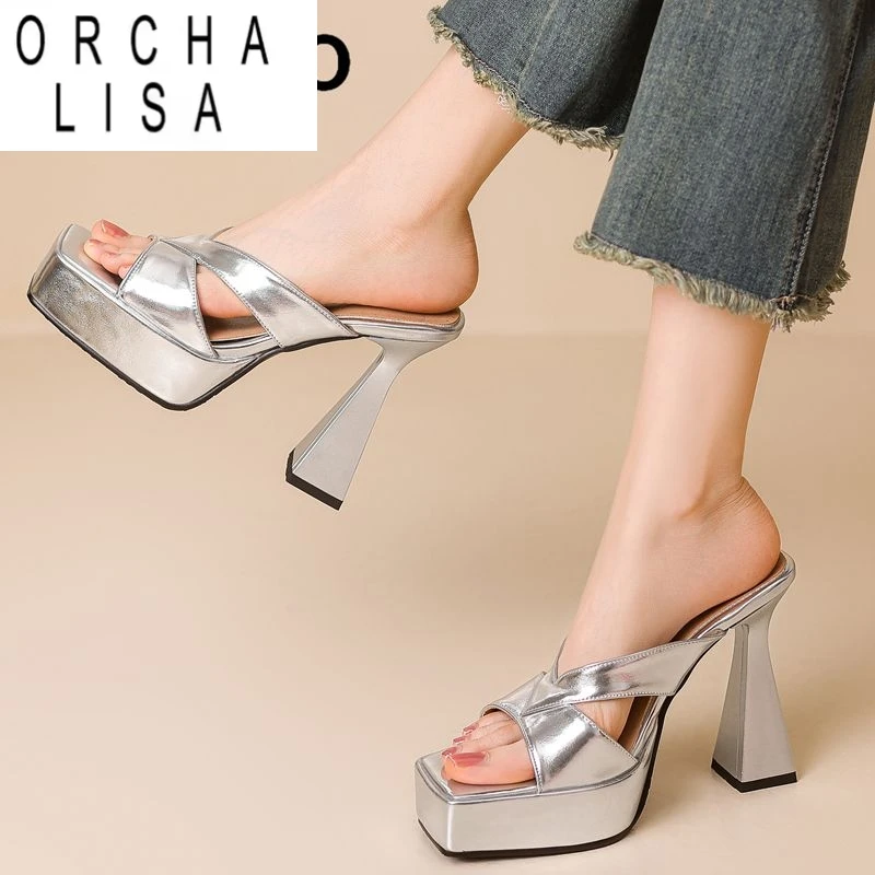 

ORCHA LISA Роскошные новые женские сандалии с квадратным носком, необычные туфли на каблуке 12 см, платформа 4 см, слипоны, большие размеры 44 45 46, пикантные туфли для свиданий