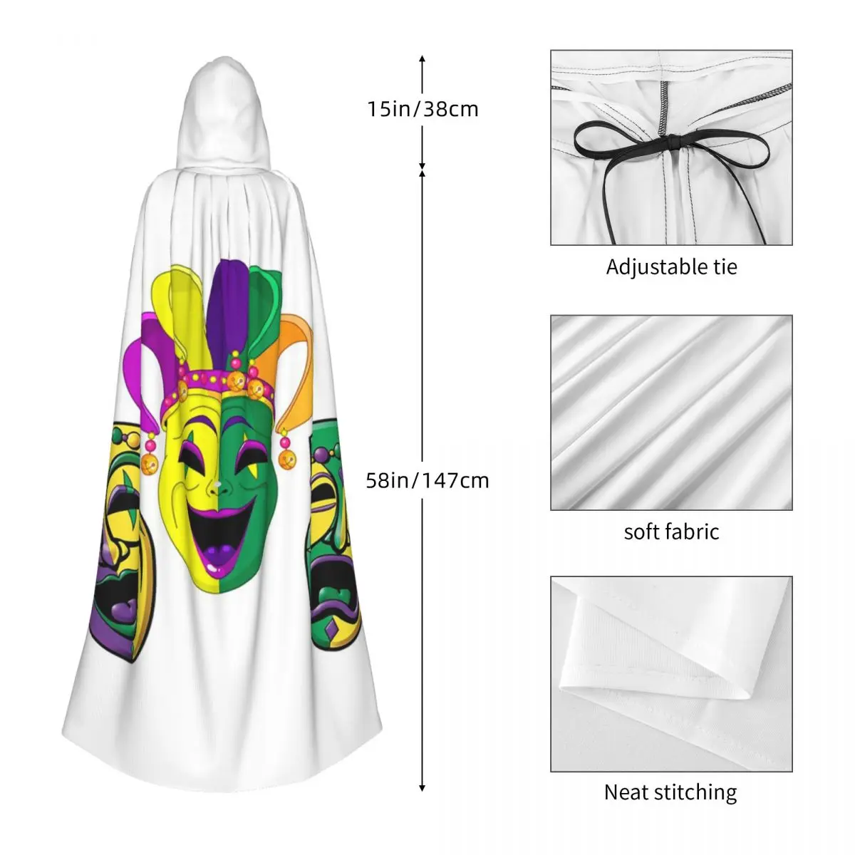 Mardi Gras Comedy And Tragedy Masks Long Hooded Cloak Witch Medieval Costume Cosplay Cape HalloweenParty Adult Unisex view 3