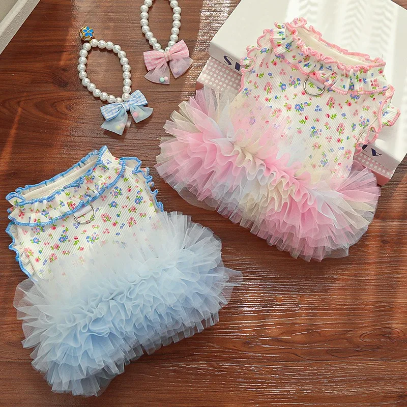 

Popular Pet Tutu Blue Dog Clothes Mullet Rolled Floral Puppy Dress Breathable Teddy Summer Pullover Dog Products