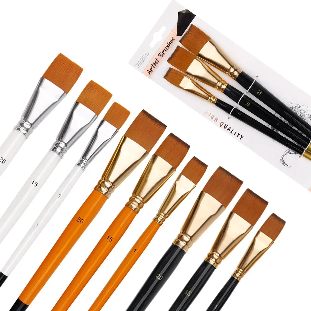 3 Pcs New Oil Painting Brush Big Flat Head Short Rod Set Nylon Hair Painting Watercolor Brush Student Acrylic Art Supplies