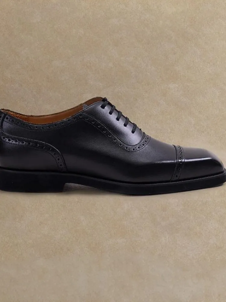 Retro Cowhide Hard Wearing Platform Cross Tied Footwear Versatile Solid Color Genuine Leather Square Toe Mens Dress Shoes