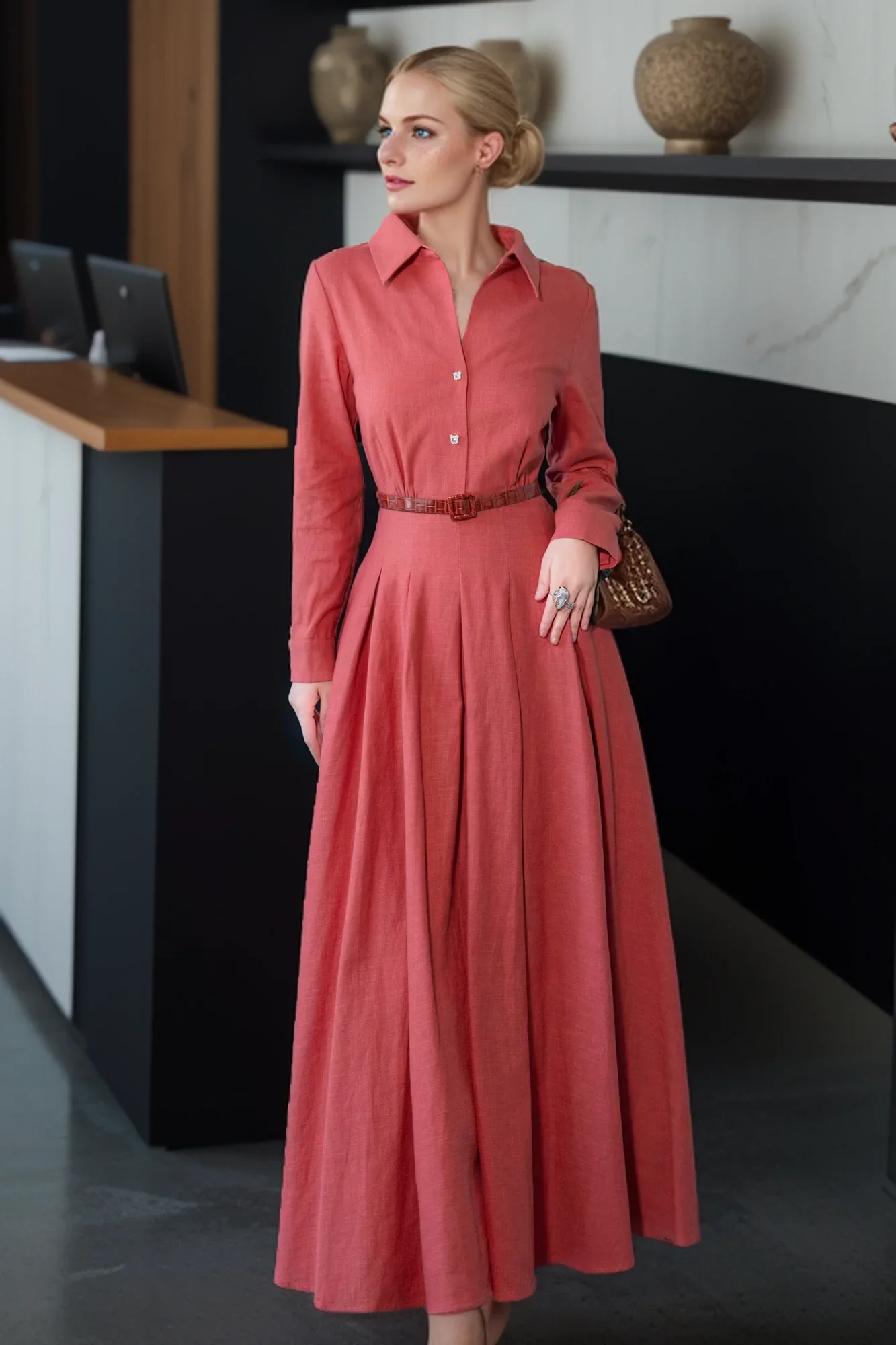 SEQINYY Elegant Shirt Dress Midi Spring Autumn New Fashion Design Women Runway High Street Vintage Office Lady A-Line Belt