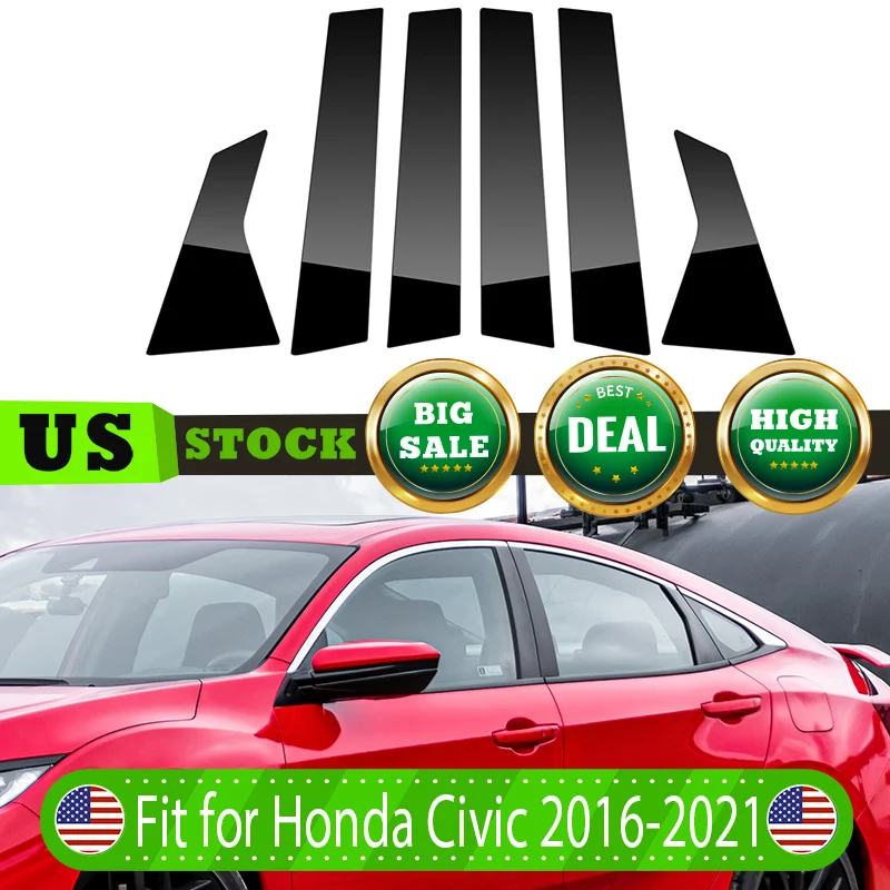 6Pcs Car Door Pillar Posts Trim Cover Window BC Pillar Glossy Black Stickers Fit For Honda Civic 10th 2016-2020 Car Accessories