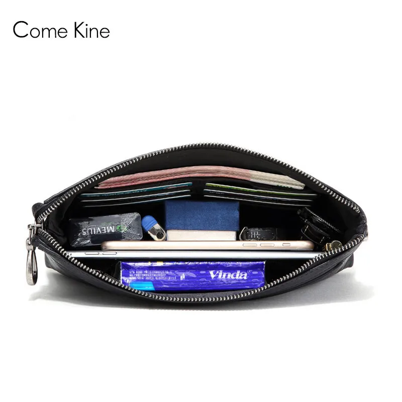 ComeKine Handbag Men\'s Cowhide 2023 New Fashion Envelope Handgrip Bag Soft Leather Large Capacity Handbag Business Black Handbag