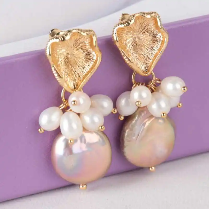 

Handmade colored freshwater coin pearl earrings18K hooks Drop Art Dangle Beaded Children Office Handmade Casual Teens Formal