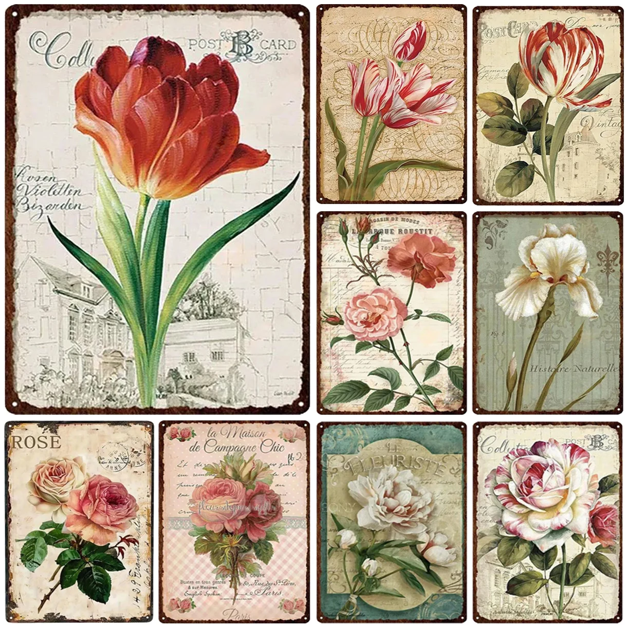 Vintage Blooming Flowers Metal Tin Signs Wall Art Posters Plate Wall Decor for Home Garden Bars Man Cave Cafe Clubs Garage Retro