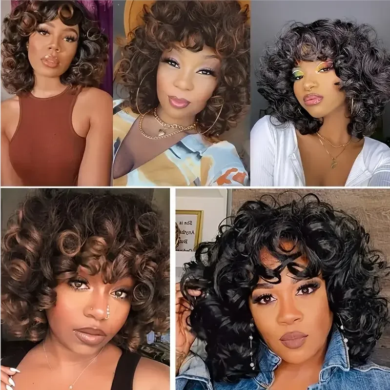 Highlight Lockige Pixie-Cut-Perücken aus Echthaar, Kleberlose Perücken mit Pony, Vollständig maschinell gefertigte Perücken mit Pony, Echthaarperücken Hairugo – Detail 2