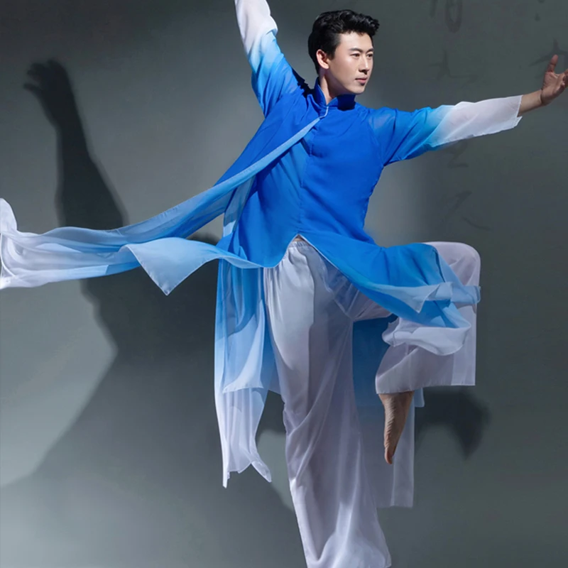 Men Chinese Classical Dance Performance Costume Elegant Chiffon Flowy Gradient Ink Robe Tai Chi KungFu Martial Art Uniform