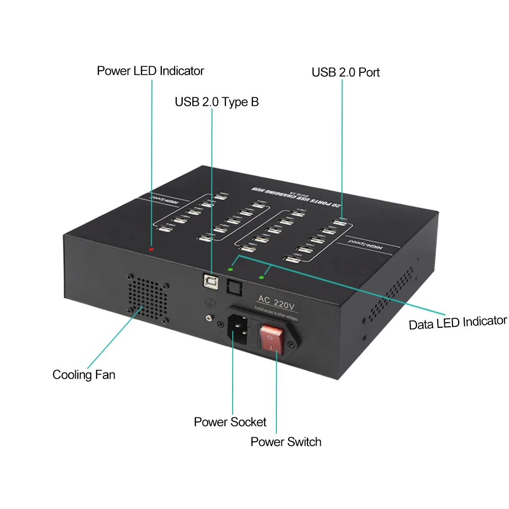 Sipolar A-220 20 Port USB 2.0 Hub Powered USB Hub High Speed Data Transfer Multiple USB Splitter 200W Power Adapter