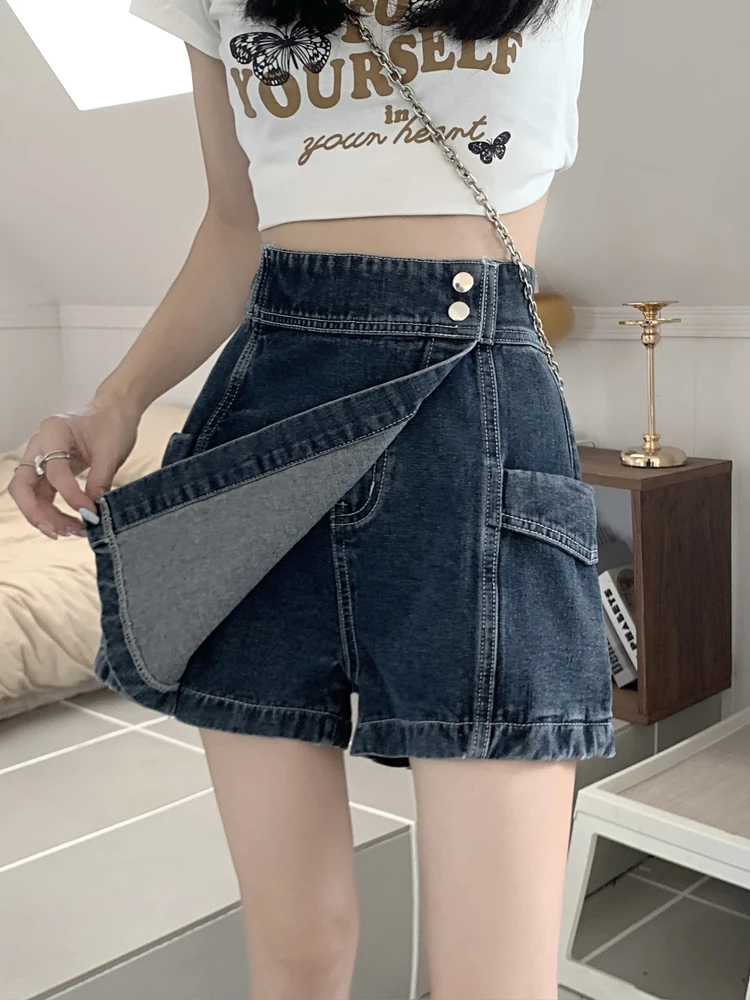 ارتفاع الخصر بالإضافة إلى حجم الدنيم orts المرأة غير المتكافئة ألف خط تنورة تصميم مستقيم الساق واسعة الساق السراويل تنورة