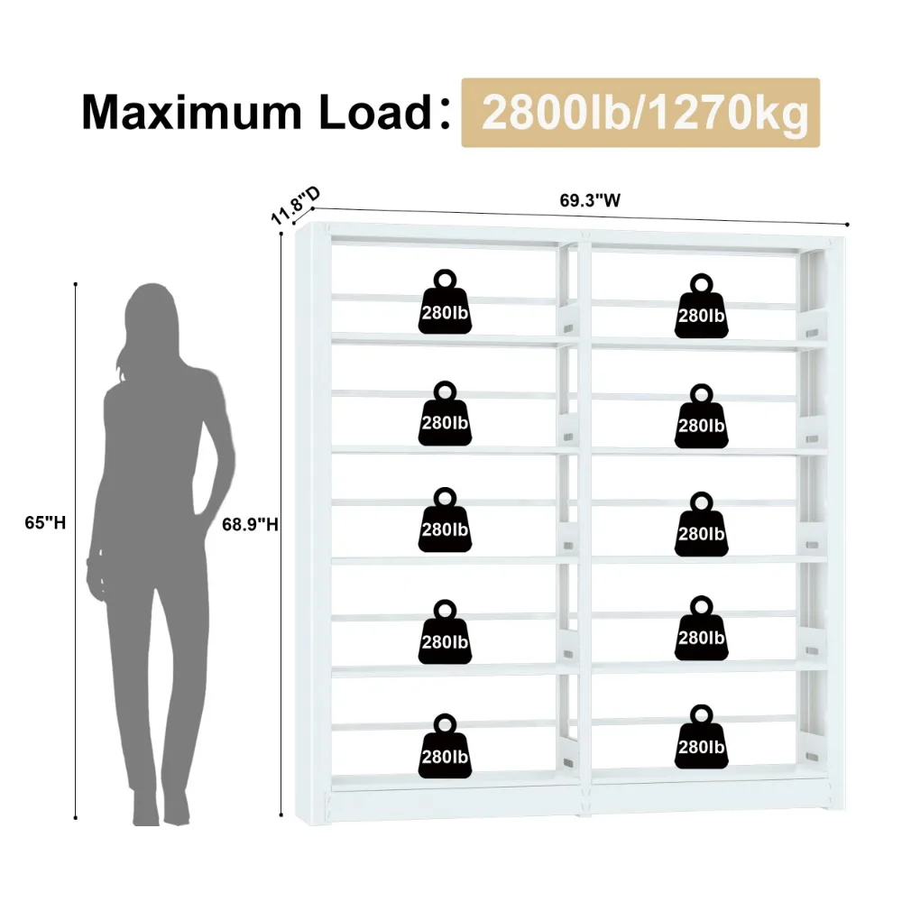 Library-5-Tier Bookshelf, Black Bookcase with Adjustable Storage Shelves, Freestanding Bookcases and Bookshelves-White