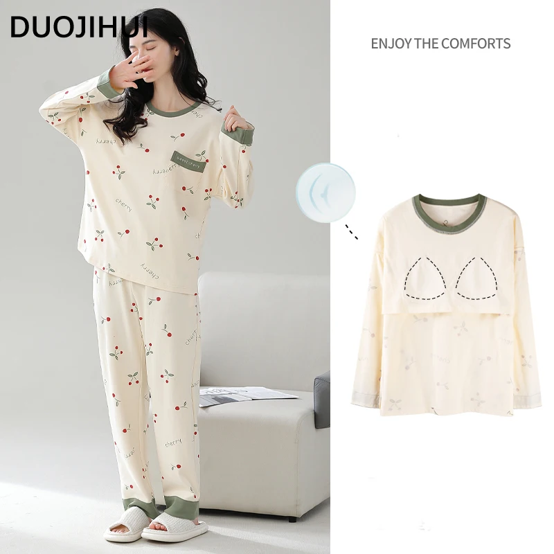 DUOJIHUI Two Piece Fashion Pockets Pajamas for Women Loose with Chest Pad Pullovers Simple Basic Pants Casual Female Pajamas Set