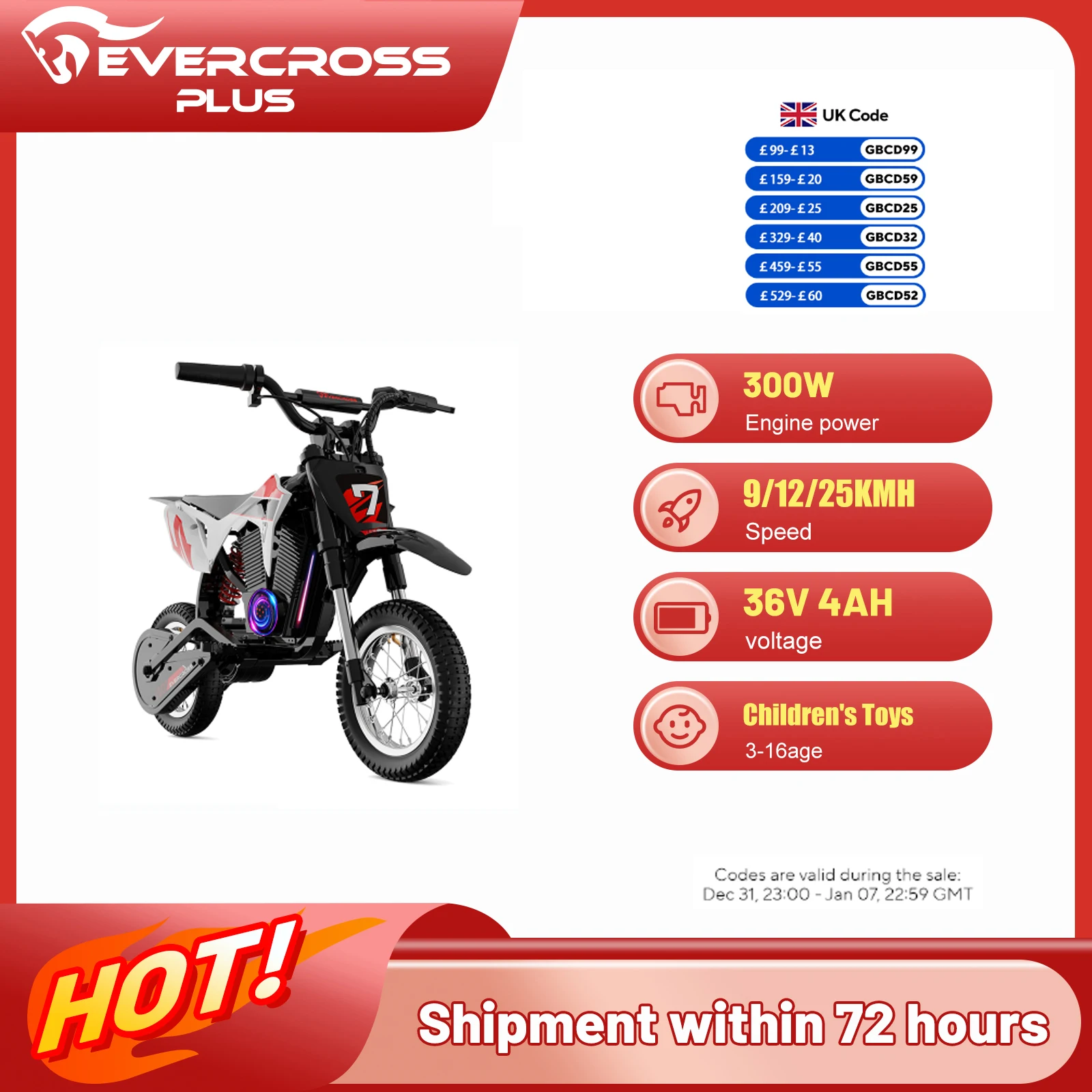 Children's Electric Dirt Bike EVERCROSS PLUS EV12M Pro - 300W, 25 km/h, 15 km Range, Bluetooth & LED, 12'' Tires