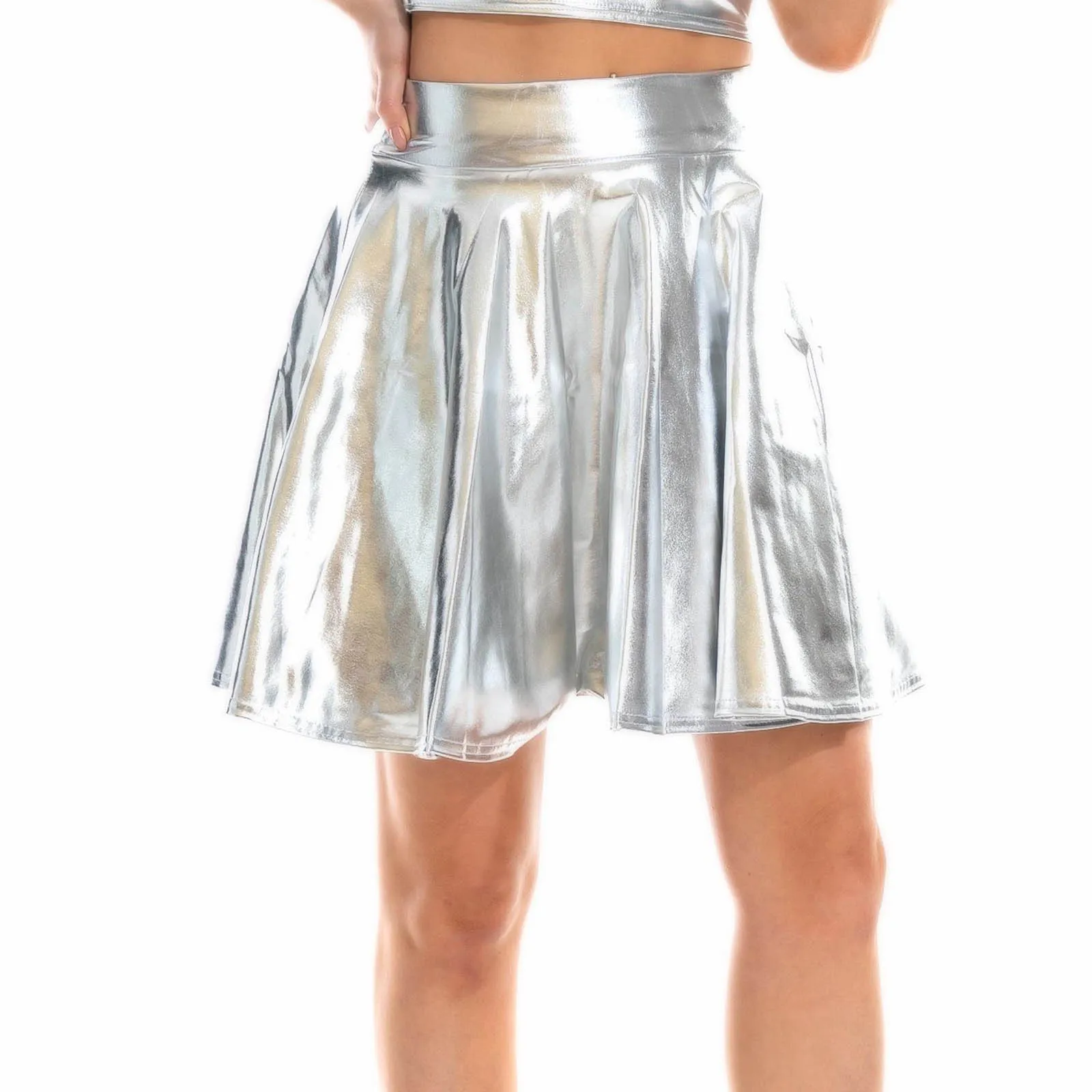 Women's Sexy Patent Leather Pleated Short Skirt, High Waist A-line PU Leather Skirts, Club Party Dance Shiny Holographic Skirts