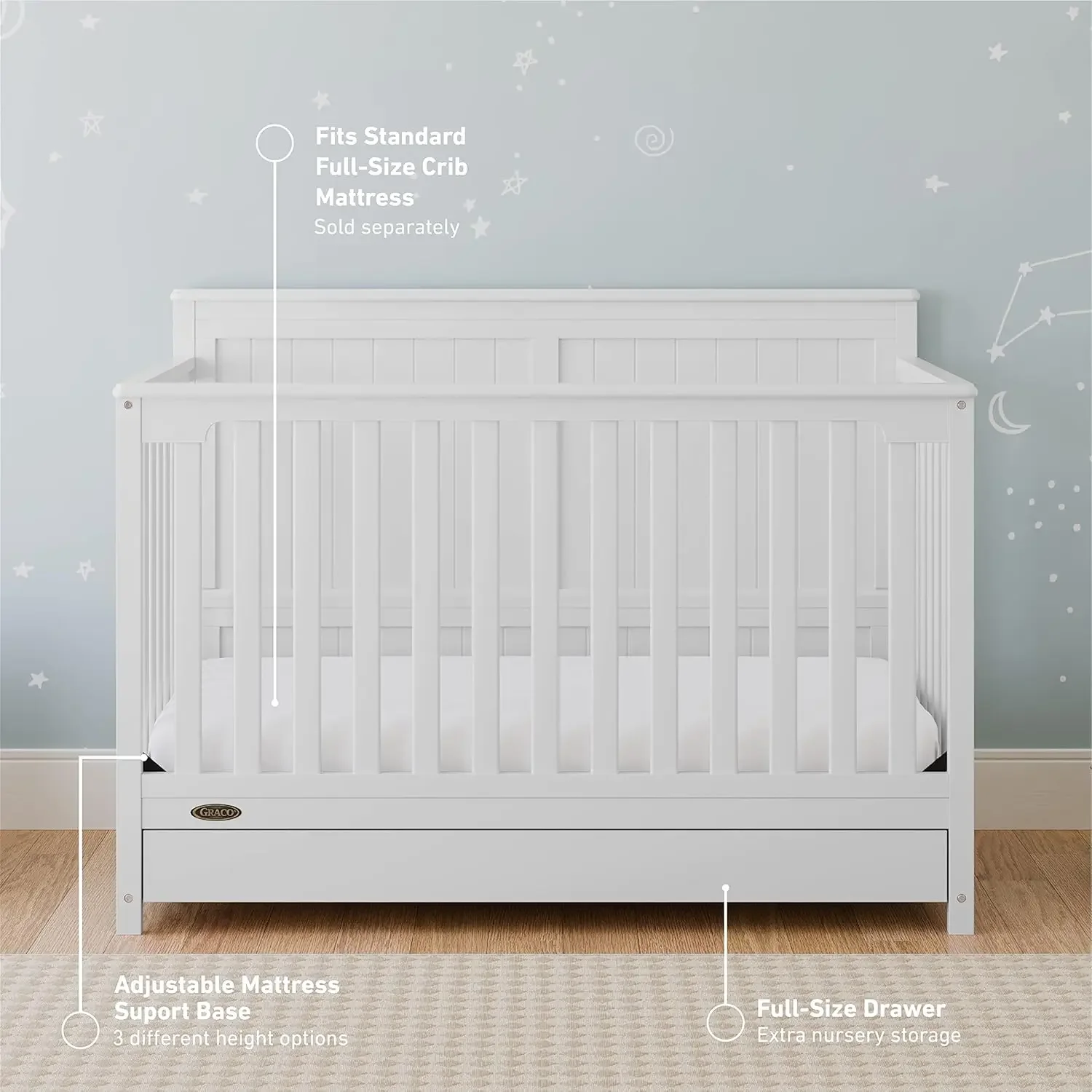 5-in-1 Convertible Crib with Drawer (White) – Gold Certified, Crib with Drawer Combo, Full-Size Nursery Storage