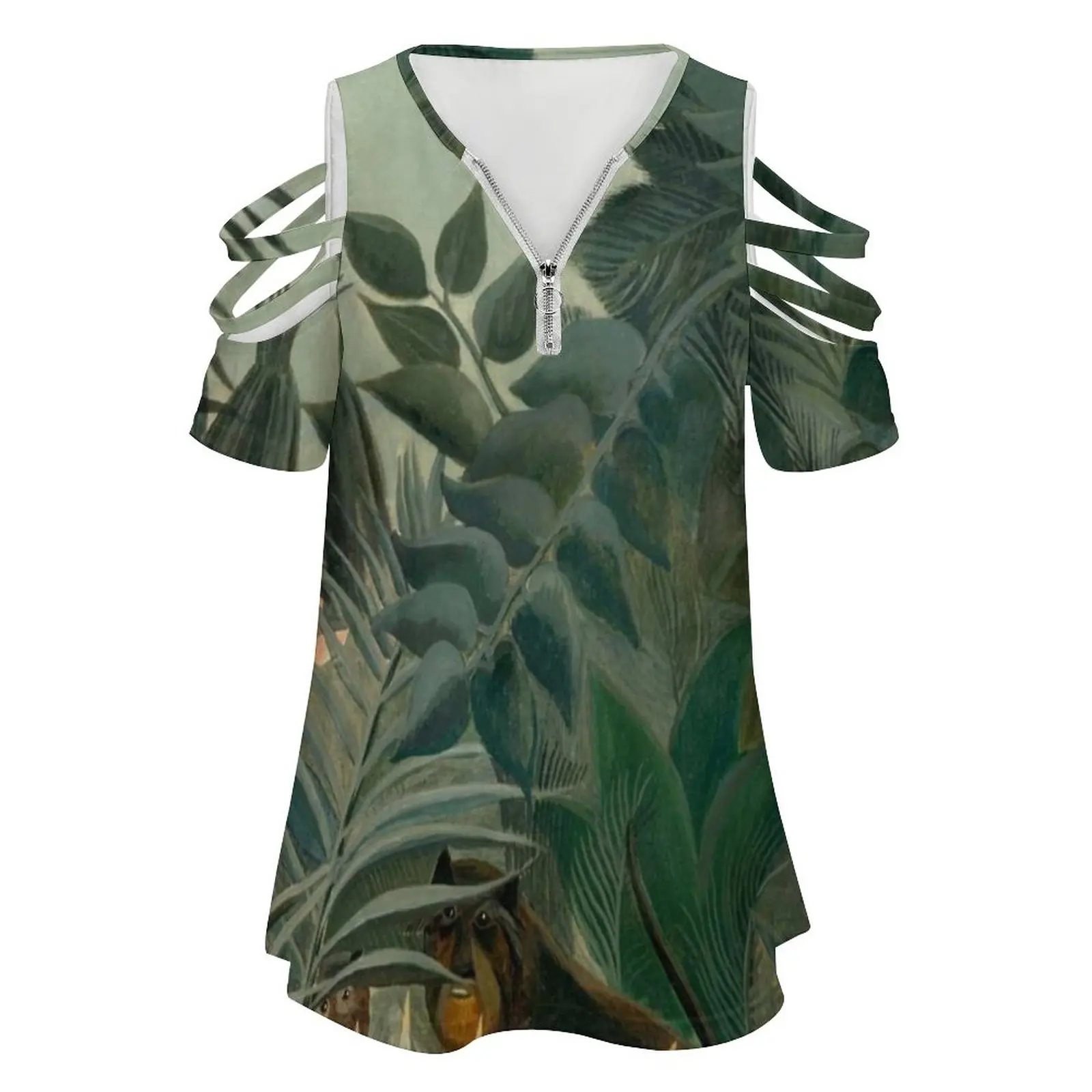 The Equatorial Jungle Henri Rousseau 1909 Women's T-Shirt New Fashion Printed Zipper V-Neck Short Sleeve T Shirts Casual Plus