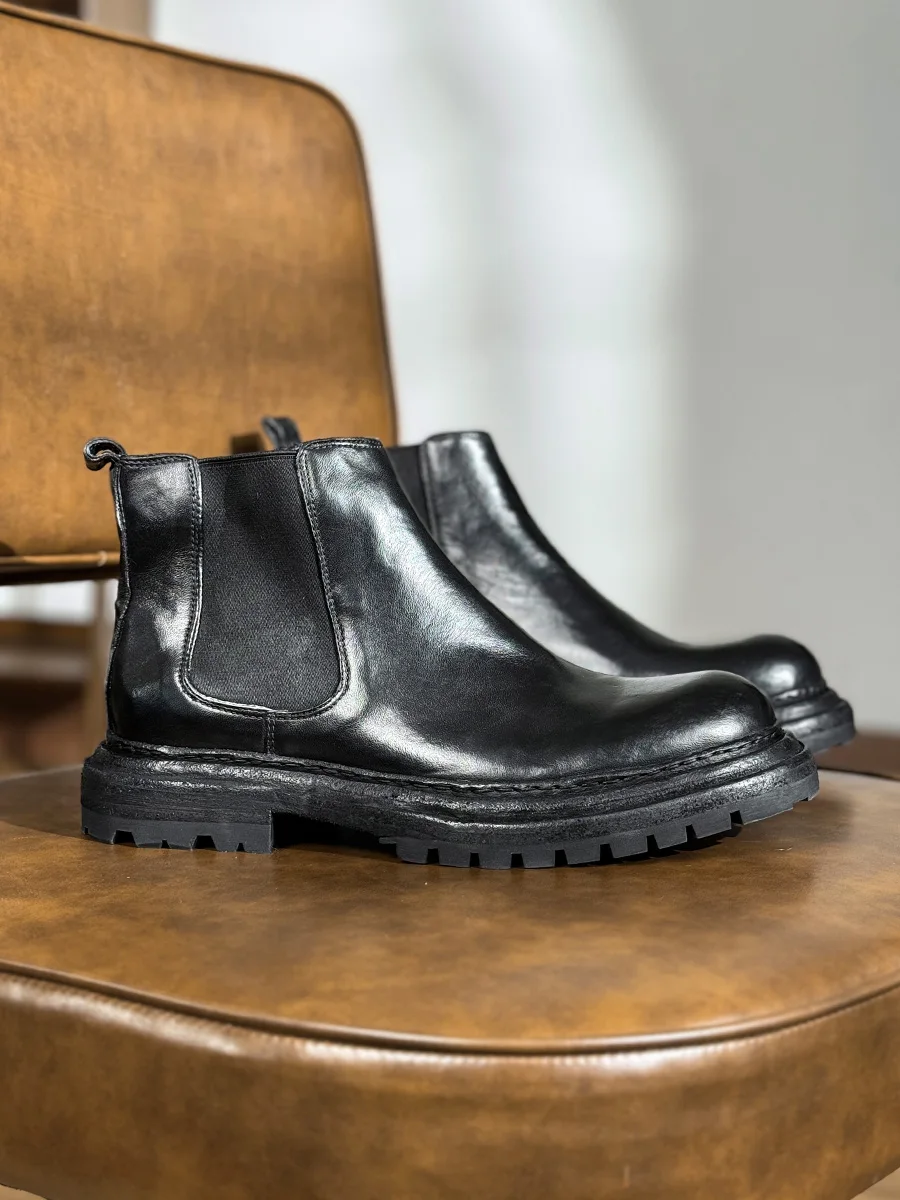 

British Fashion Thick Sole High Top Boots Round Head Handmade Men's Chelsea Boots Genuine Leather Retro Outdoor Work Shoes